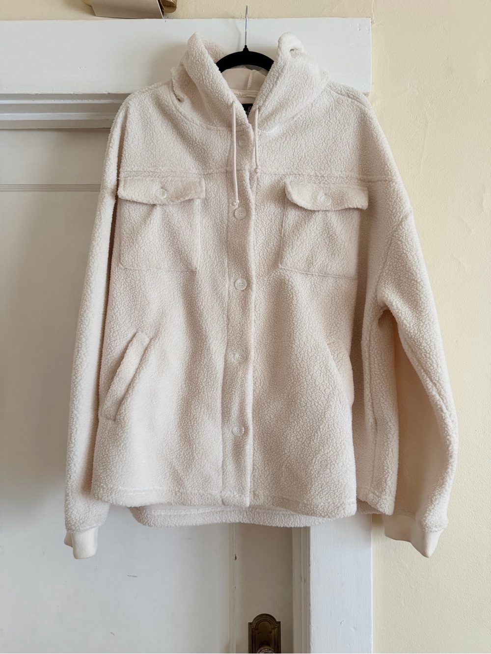 ANGIE Ivory Teddy Sherpa Hooded Button Front Jacket Shacket Size L
